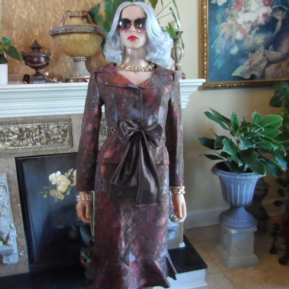 Rickie Freeman-Teri Jon Brown Multi Metallic Jacquard Skirt Suit Size 2